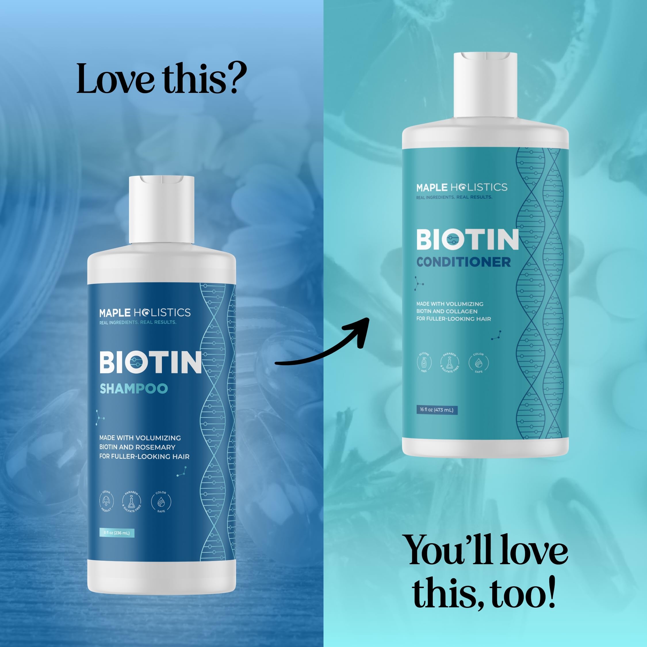 Maple Holistics rosemary biotin shampoo bottle with pump for convenient daily use