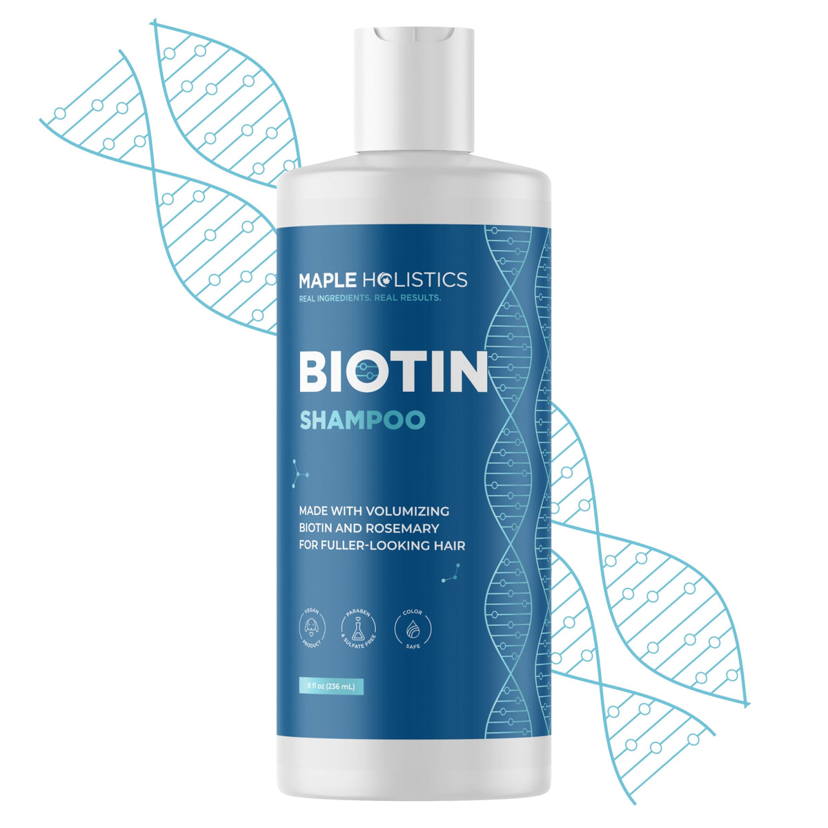 Maple Holistics rosemary biotin shampoo bottle shows vegan volumizing formula for thinning hair