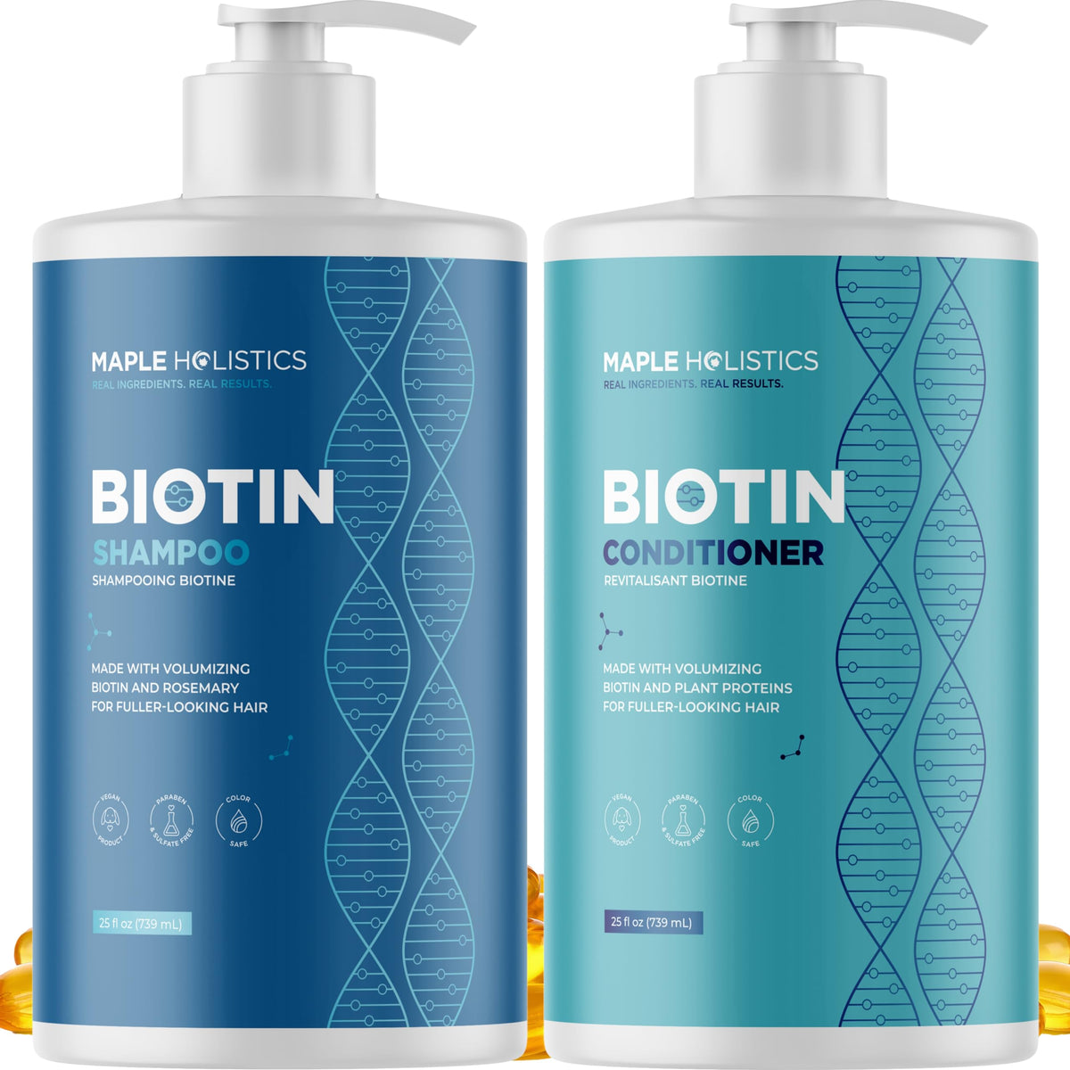 Maple Holistics rosemary biotin shampoo bottle highlights color-safe volumizing care for thinning hair.