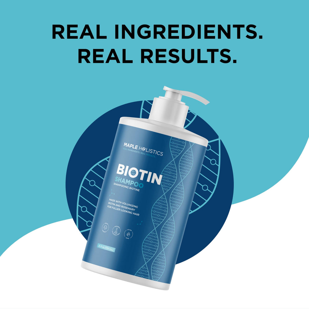 Maple Holistics rosemary-biotin shampoo close-up on scalp care for dry scalp
