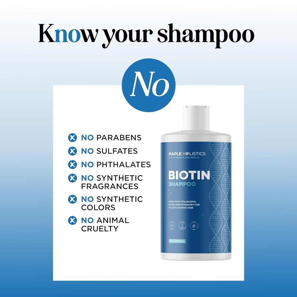 Maple Holistics Rosemary and Biotin Shampoo label emphasizes rosemary and biotin for nourishment.
