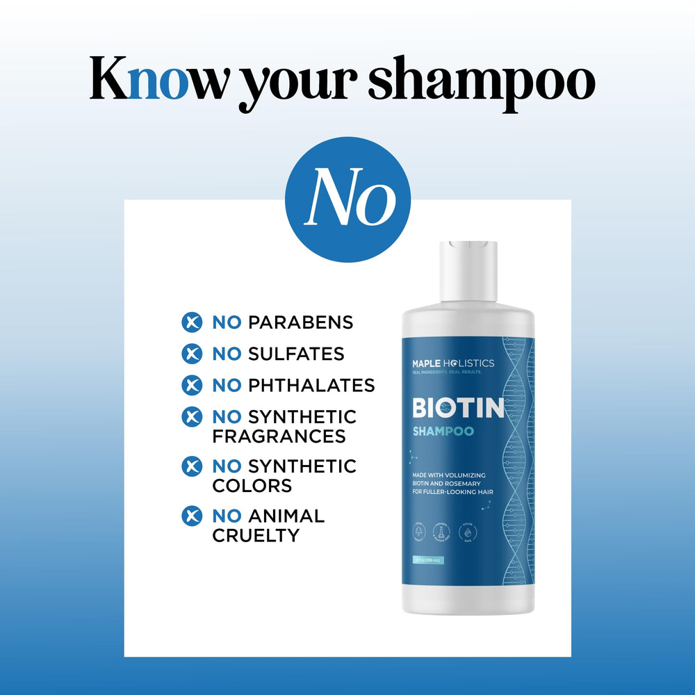 Maple Holistics rosemary biotin shampoo ingredients panel features natural oils and vitamins