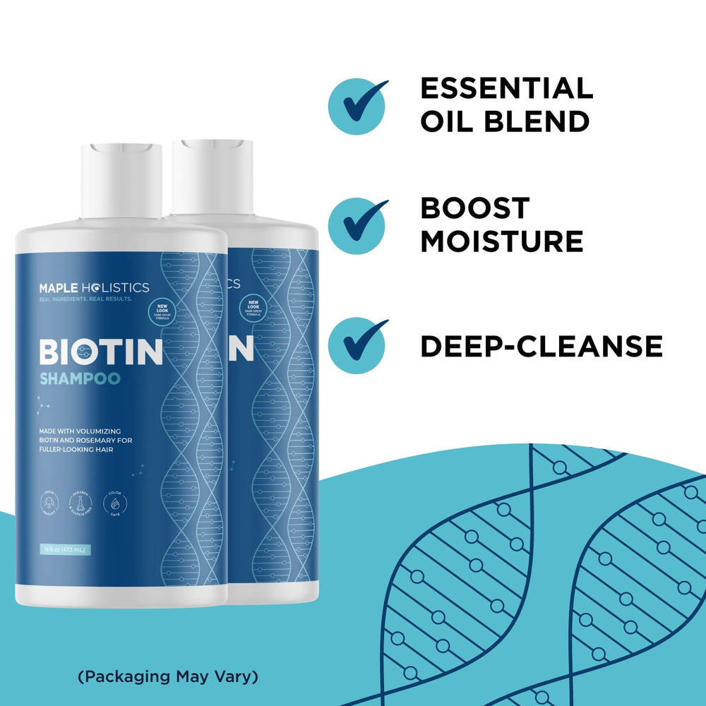 Maple Holistics Rosemary Biotin Shampoo on shelf conveys sulfate-free cleansing for thinning hair.