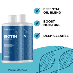 Maple Holistics Rosemary Biotin Shampoo on shelf conveys sulfate-free cleansing for thinning hair.