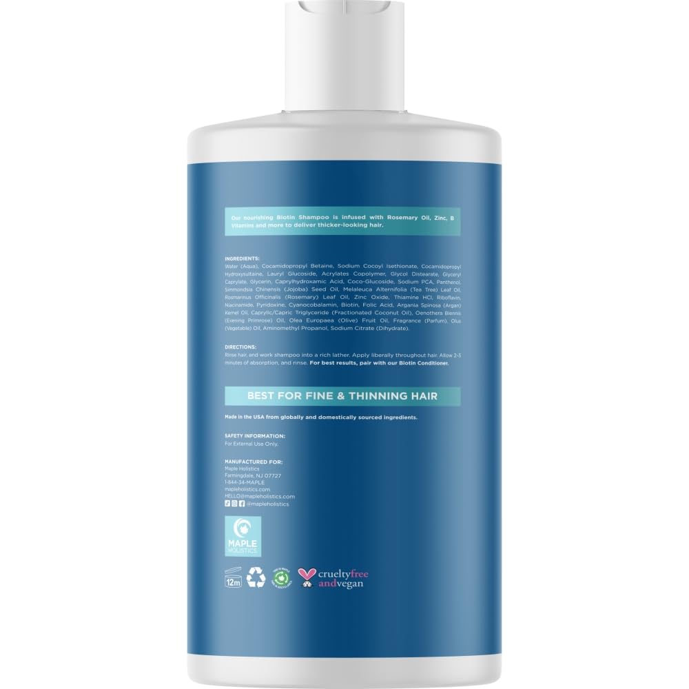 Maple Holistics Rosemary and Biotin Shampoo with tea tree icon suggests refreshing scalp care.