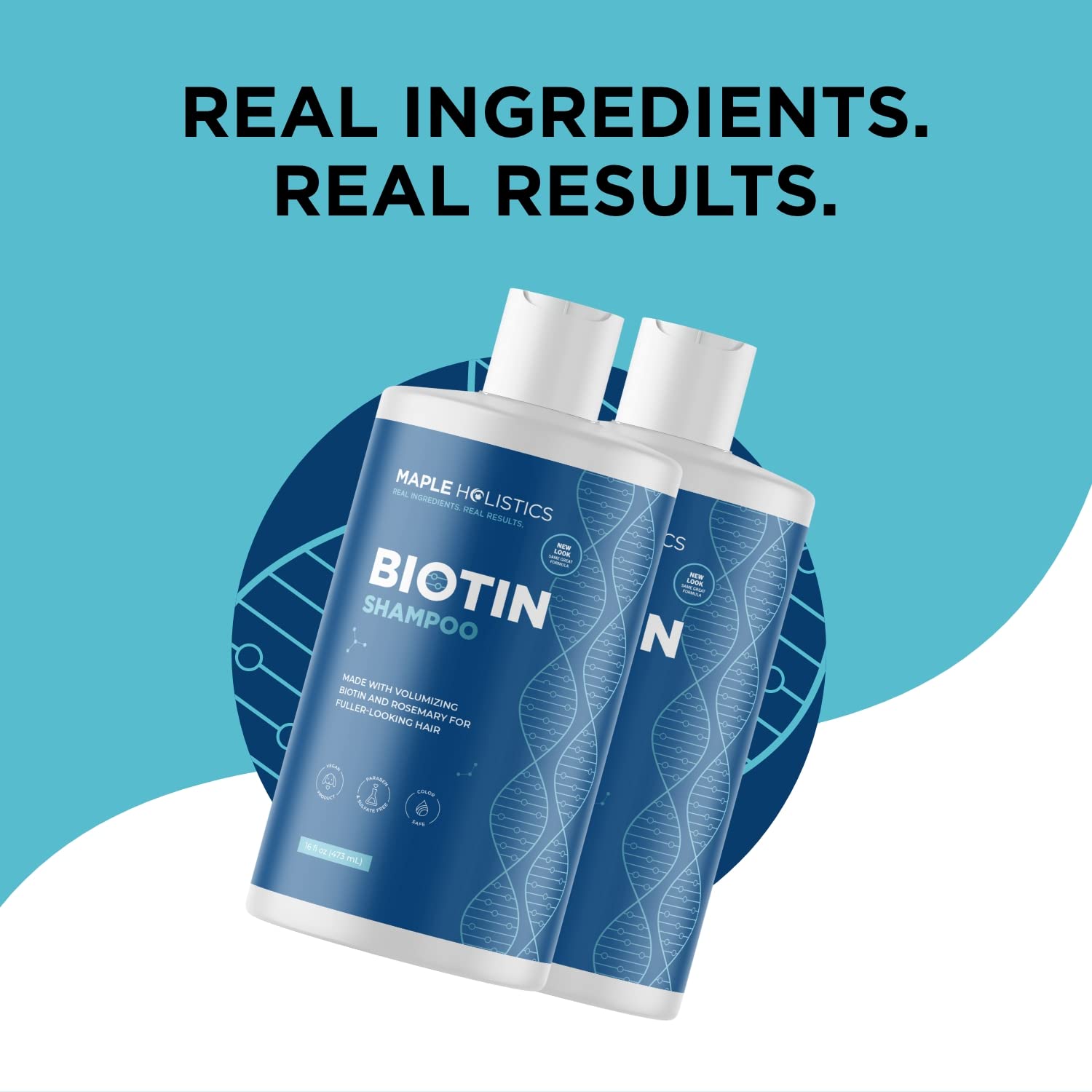 Maple Holistics Rosemary Biotin Shampoo with towel-dried hair illustrates fuller-looking strands.