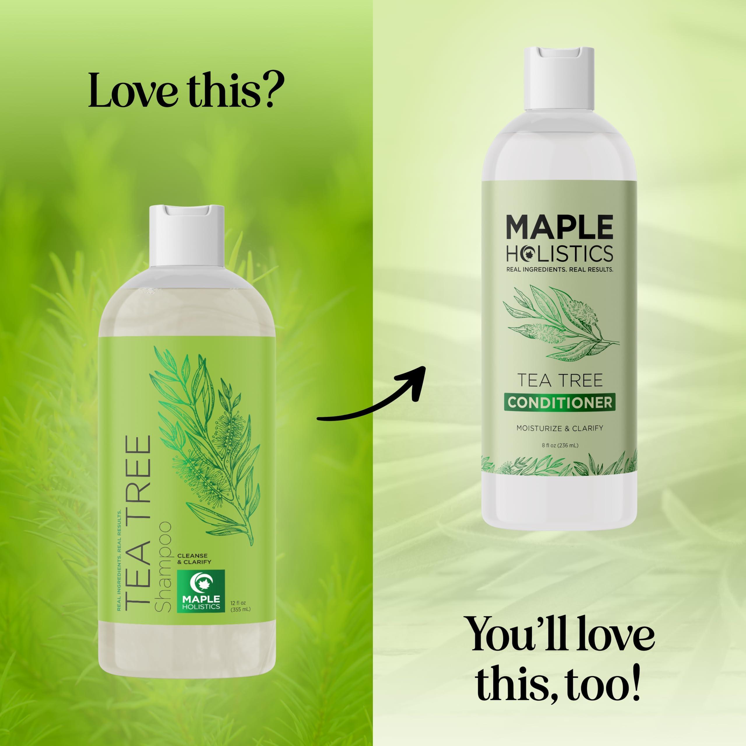 Maple Holistics rosemary and tea-tree visuals highlight natural oils for balanced scalp