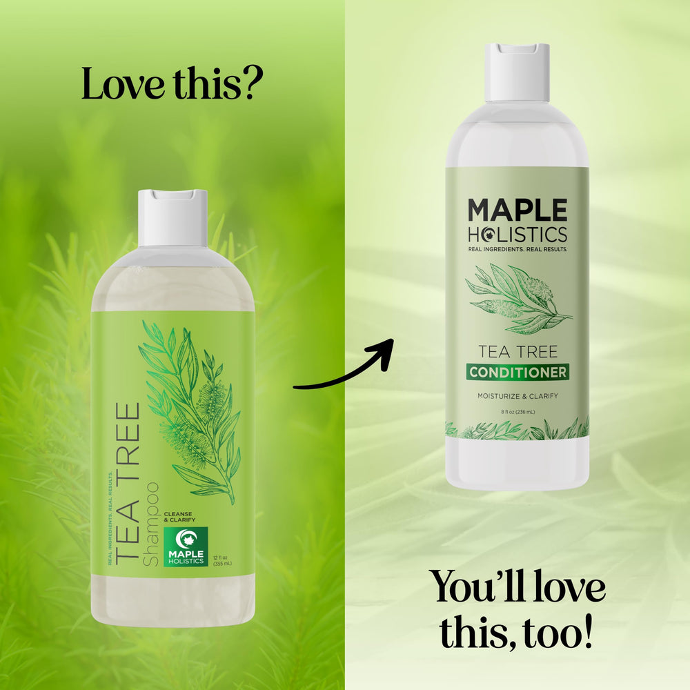 Maple Holistics rosemary and tea-tree visuals highlight natural oils for balanced scalp