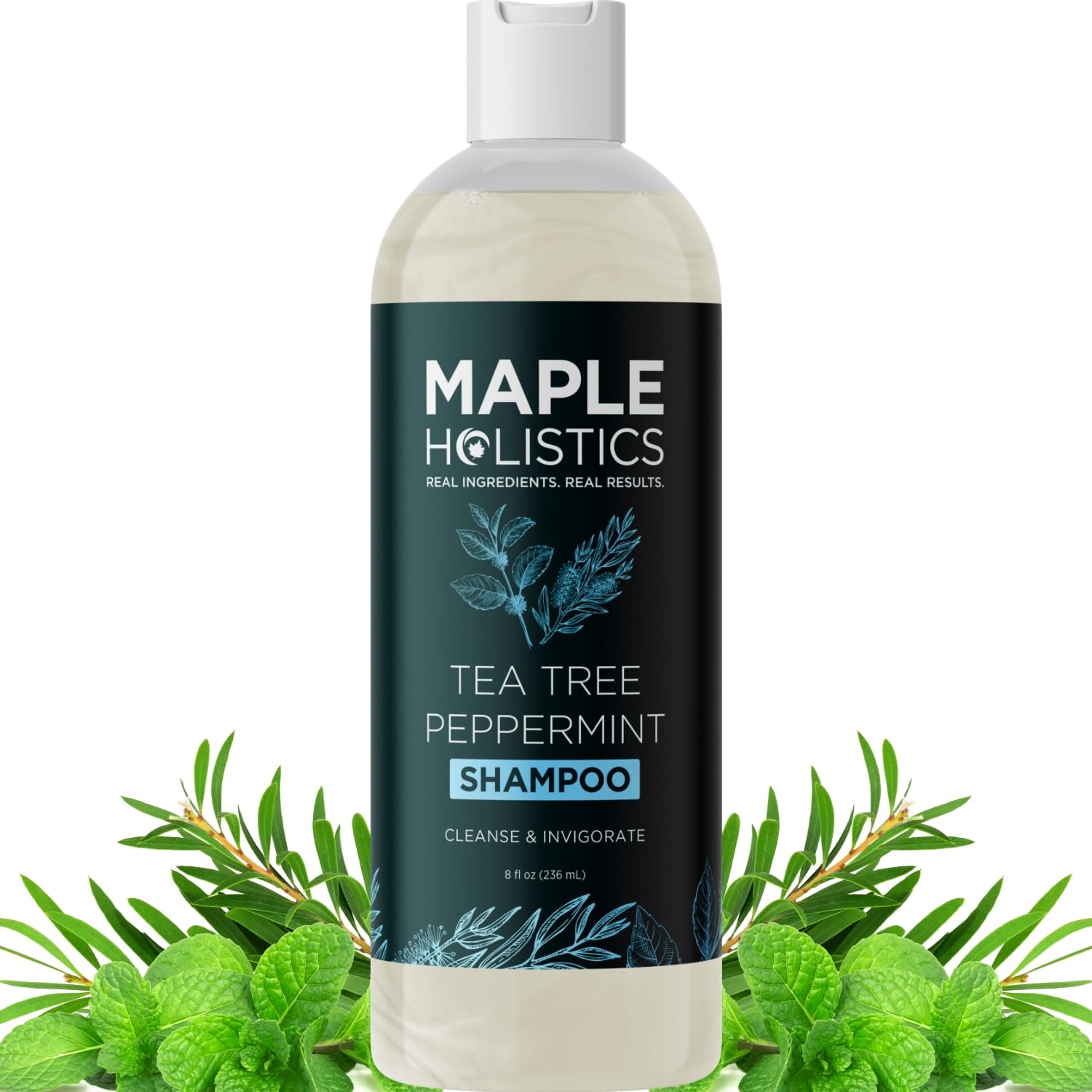 Maple Holistics rosemary tea tree mint shampoo bottle showing sulfate-free cleansing for dry scalp
