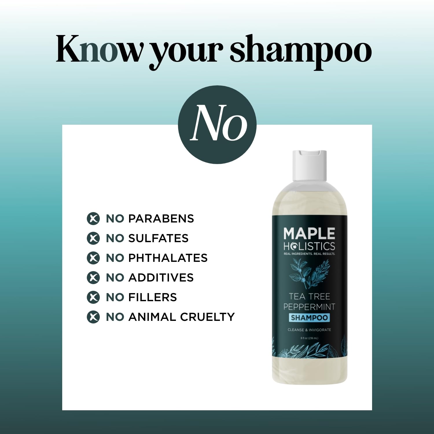 Maple Holistics shampoo label close-up emphasizing natural ingredients and sulfate-free formula