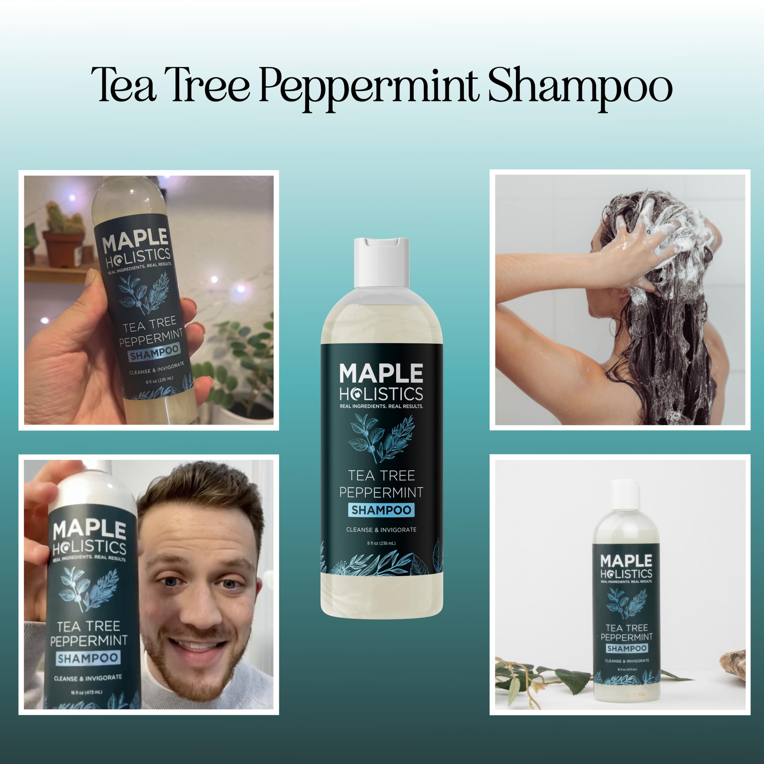 Maple Holistics shampoo lather showcasing peppermint tea tree cleanse for buildup