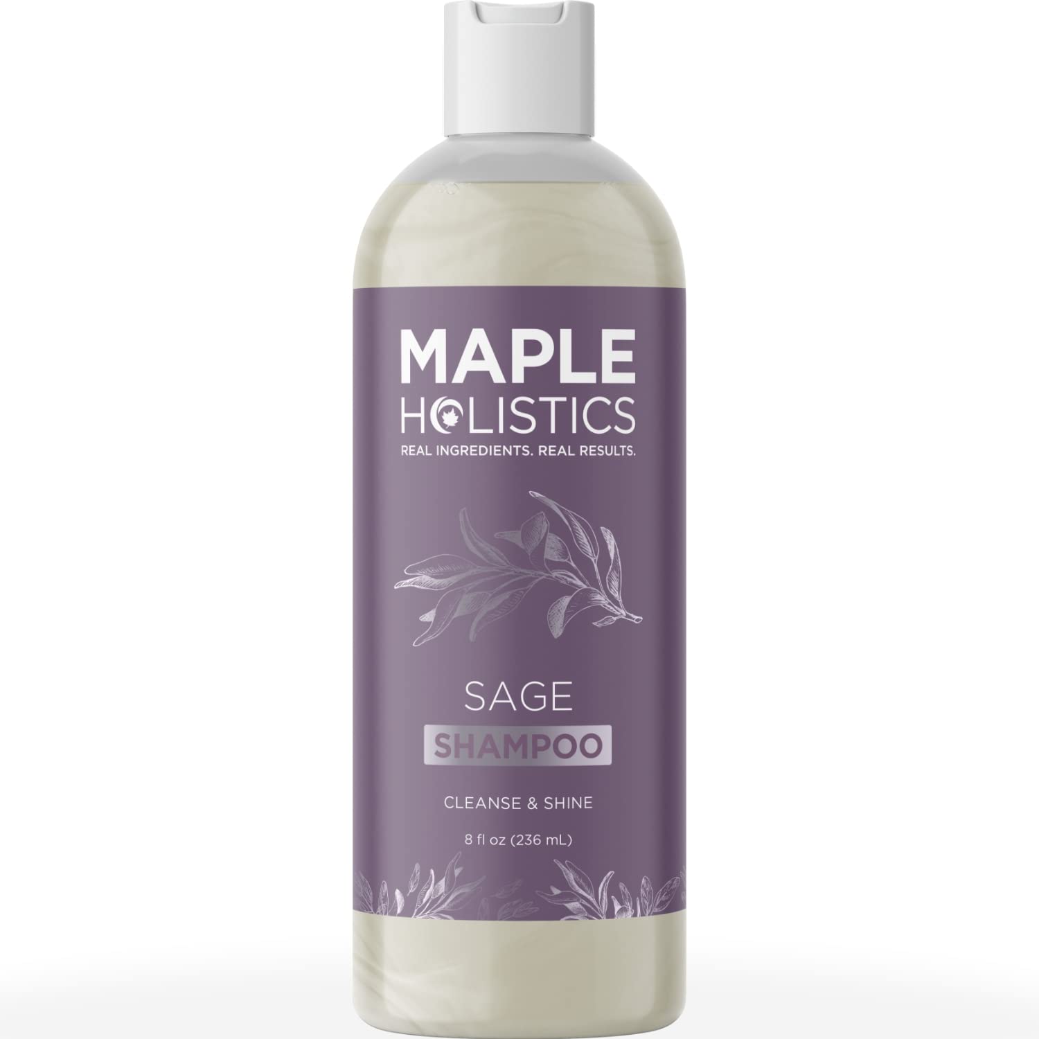 Maple Holistics Sage Rosemary Shampoo bottle highlights sulfate-free formula for scalp care.