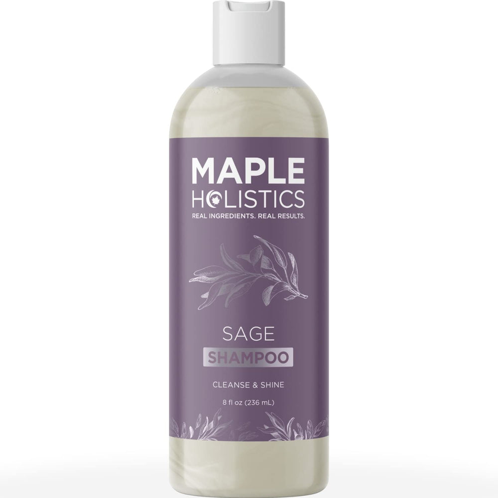 Maple Holistics Sage Rosemary Shampoo bottle highlights sulfate-free formula for scalp care.