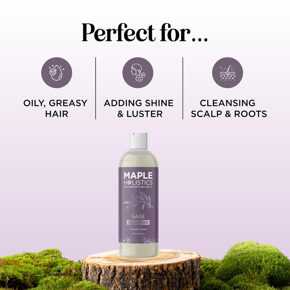 Maple Holistics Sage Rosemary Shampoo on a dry scalp care routine with moisture focus.