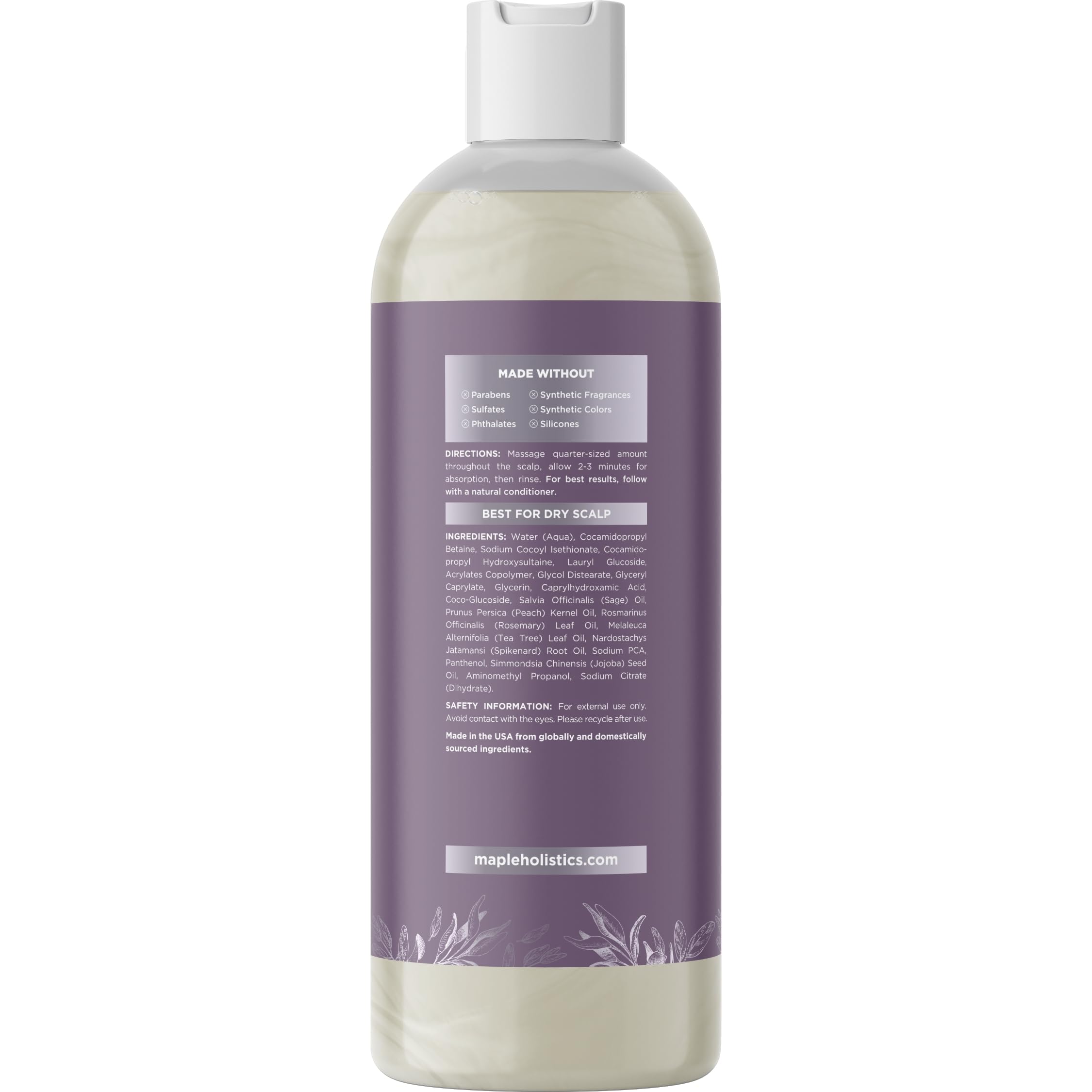 Maple Holistics Sage Rosemary Shampoo sage oil detail emphasizes soothing aromatics.
