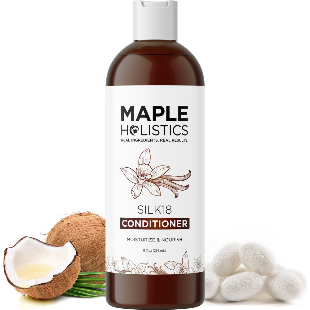 Maple Holistics Silk Protein Conditioner bottle addressing damaged hair for smoother, frizz-controlled results