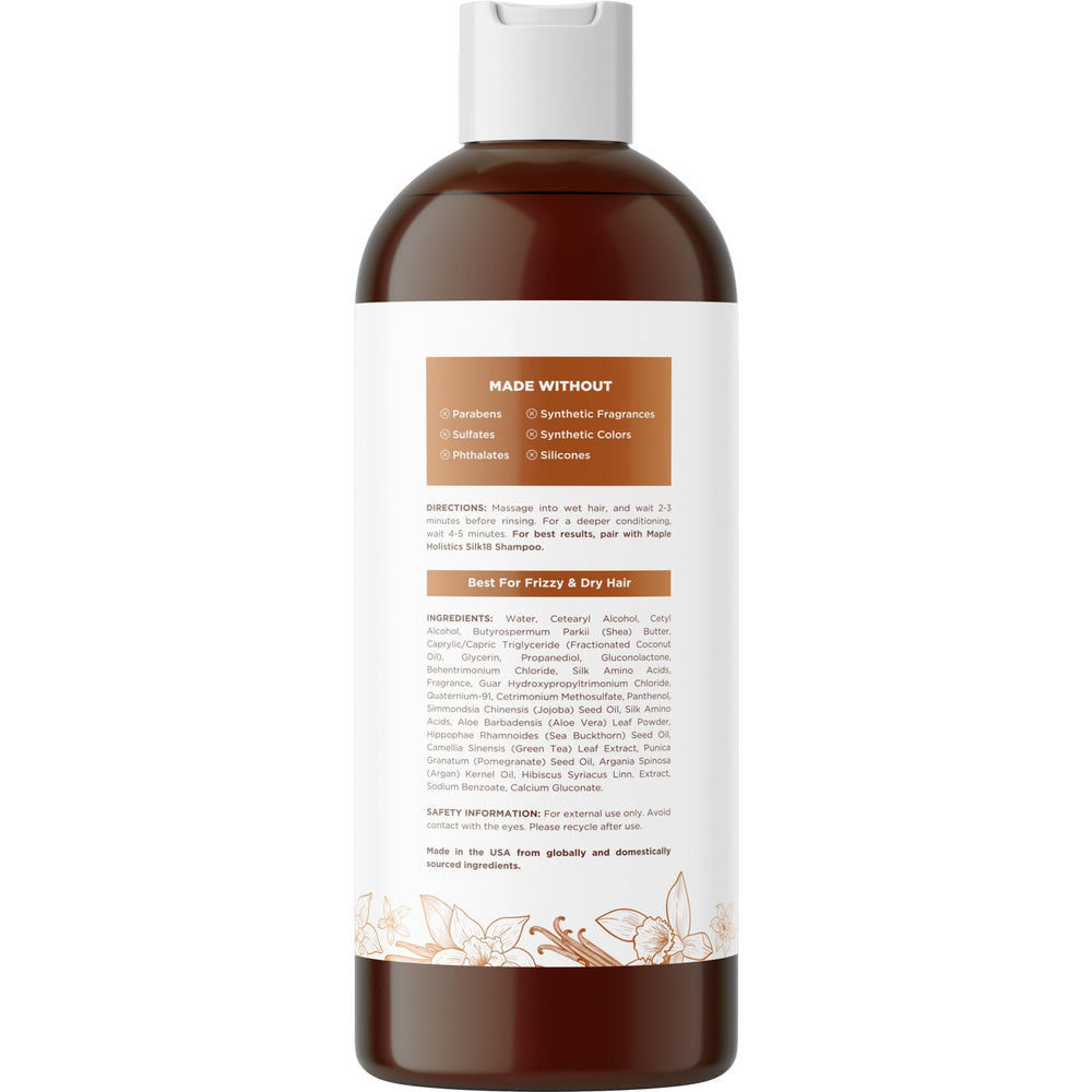 Maple Holistics Silk18 argan oil drop visual signal for shine and frizz control.