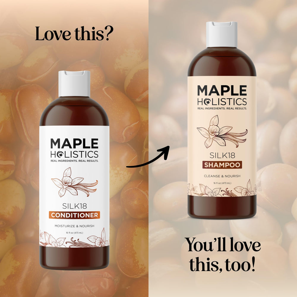 Maple Holistics Silk18 green tea infusion visual suggests antioxidant protection for hair.