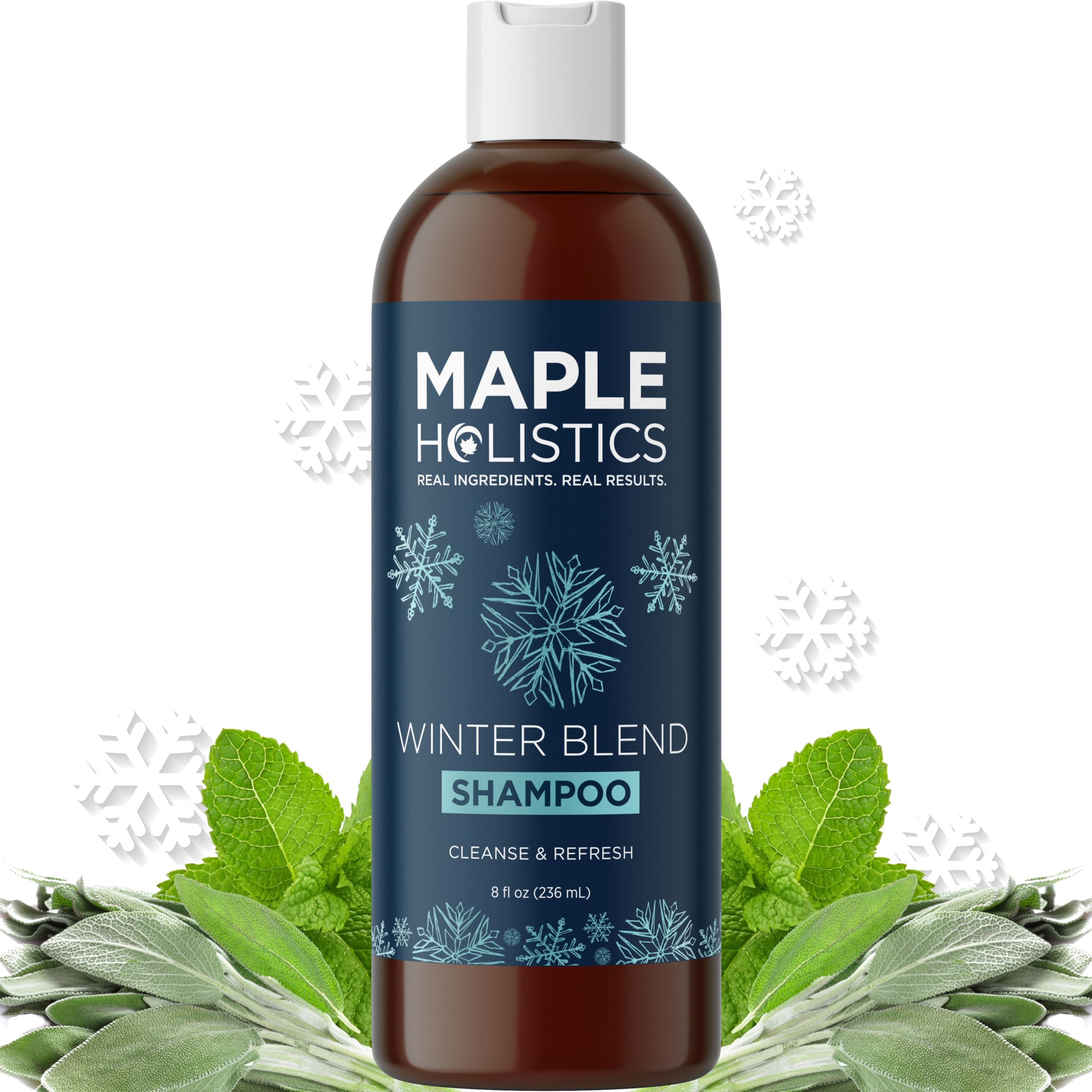 Maple Holistics sulfate-free hard water shampoo bottle showcases mineral buildup removal potential.