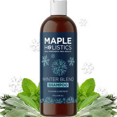 Maple Holistics sulfate-free hard water shampoo bottle showcases mineral buildup removal potential.