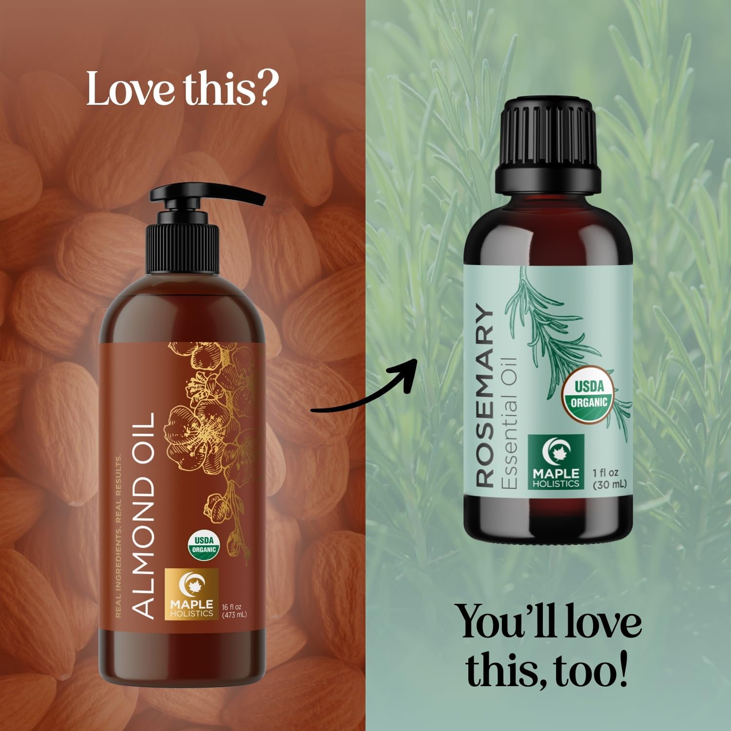 Maple Holistics almond oil hair application showing shine and moisture.