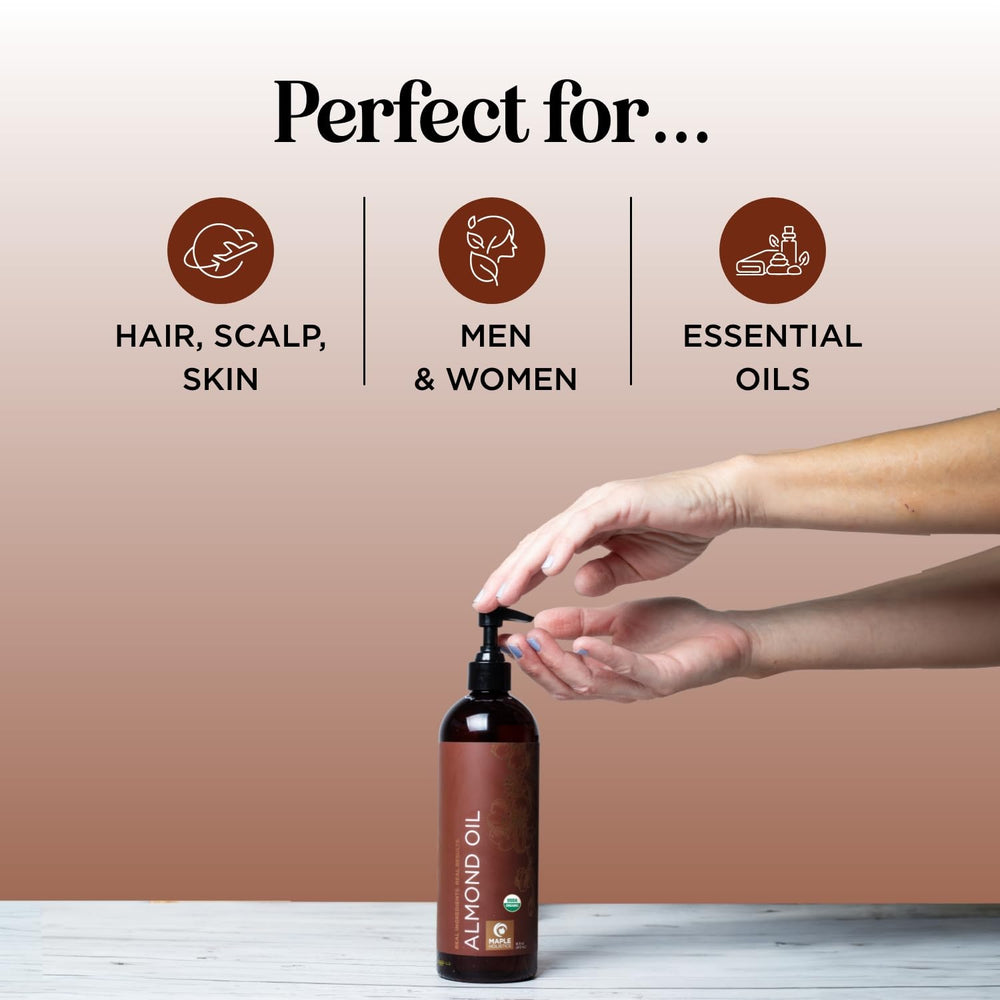 Maple Holistics sweet almond oil label close-up showing pure ingredients and nourishment.