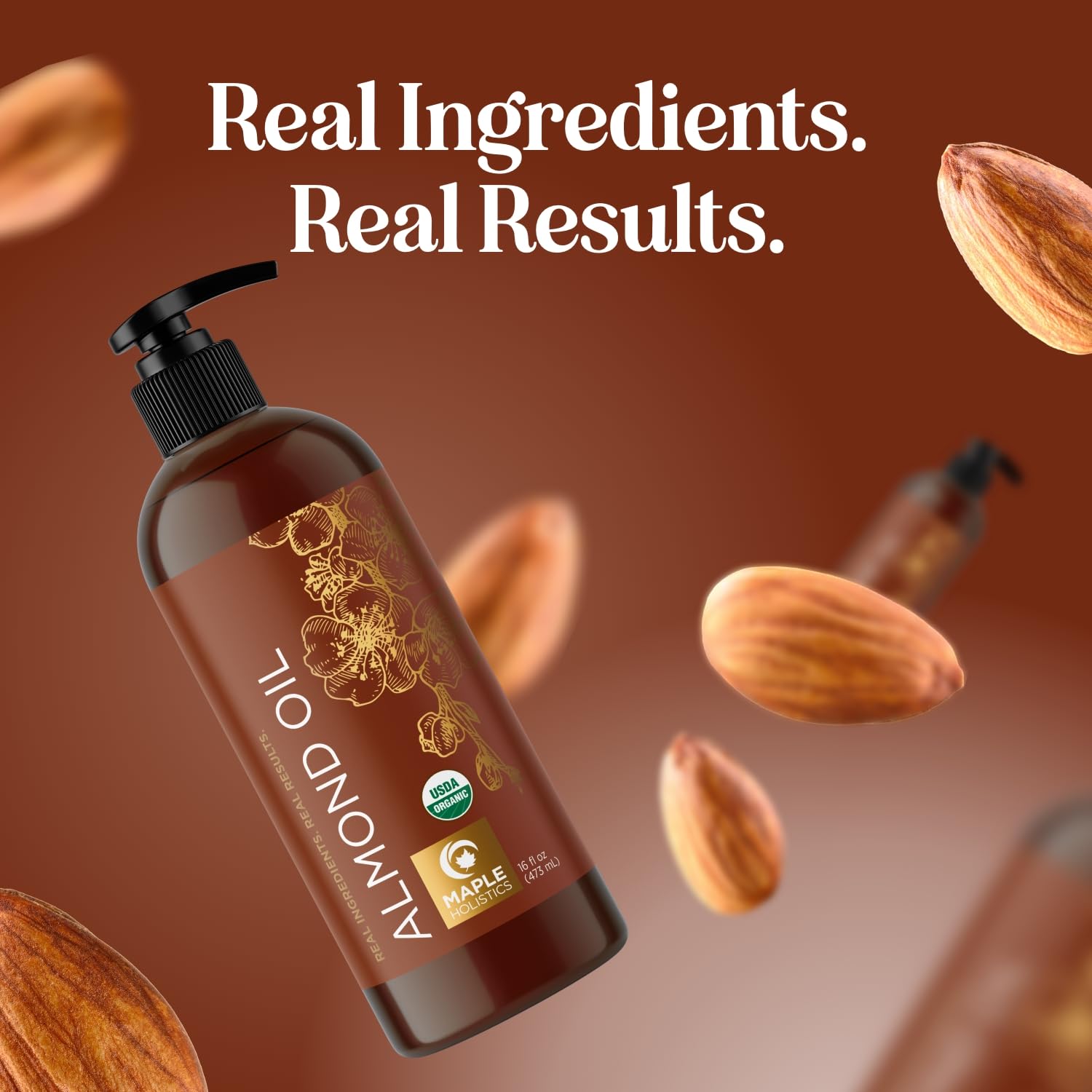 Maple Holistics almond oil bottle ready for versatile home use.