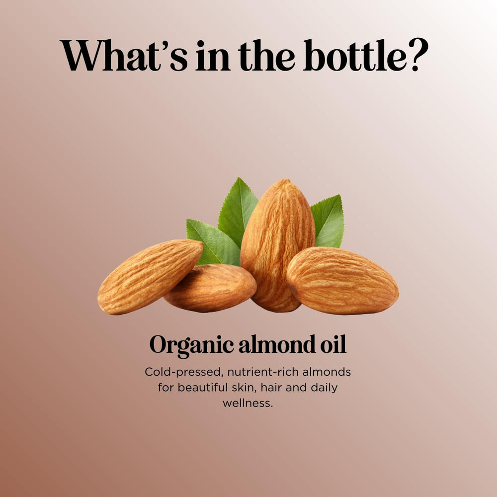 Maple Holistics almond oil on vanity shelf for daily moisture.