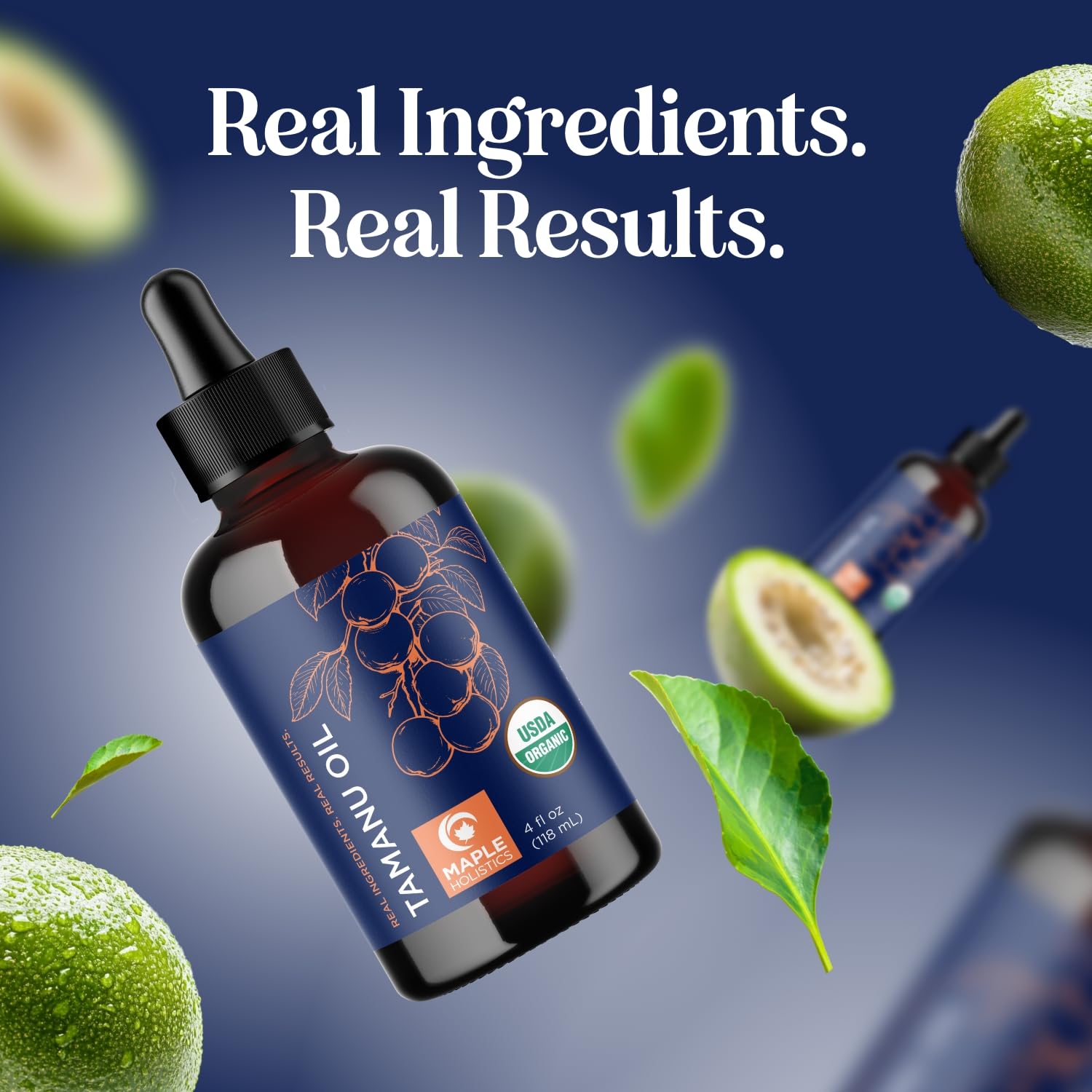 Maple Holistics Tamanu Oil packaging box showcases organic, cruelty-free labeling