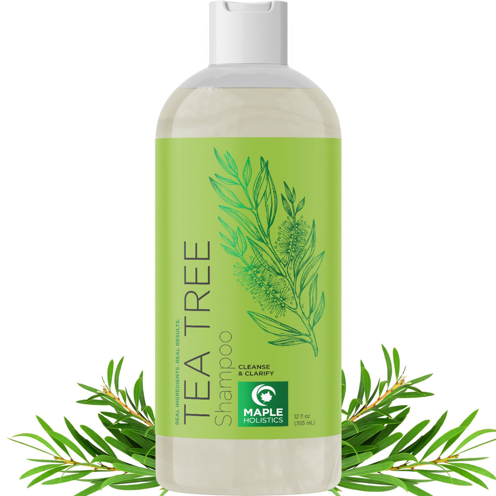 Maple Holistics tea-tree clarifying shampoo bottle highlighting oil-control and buildup removal