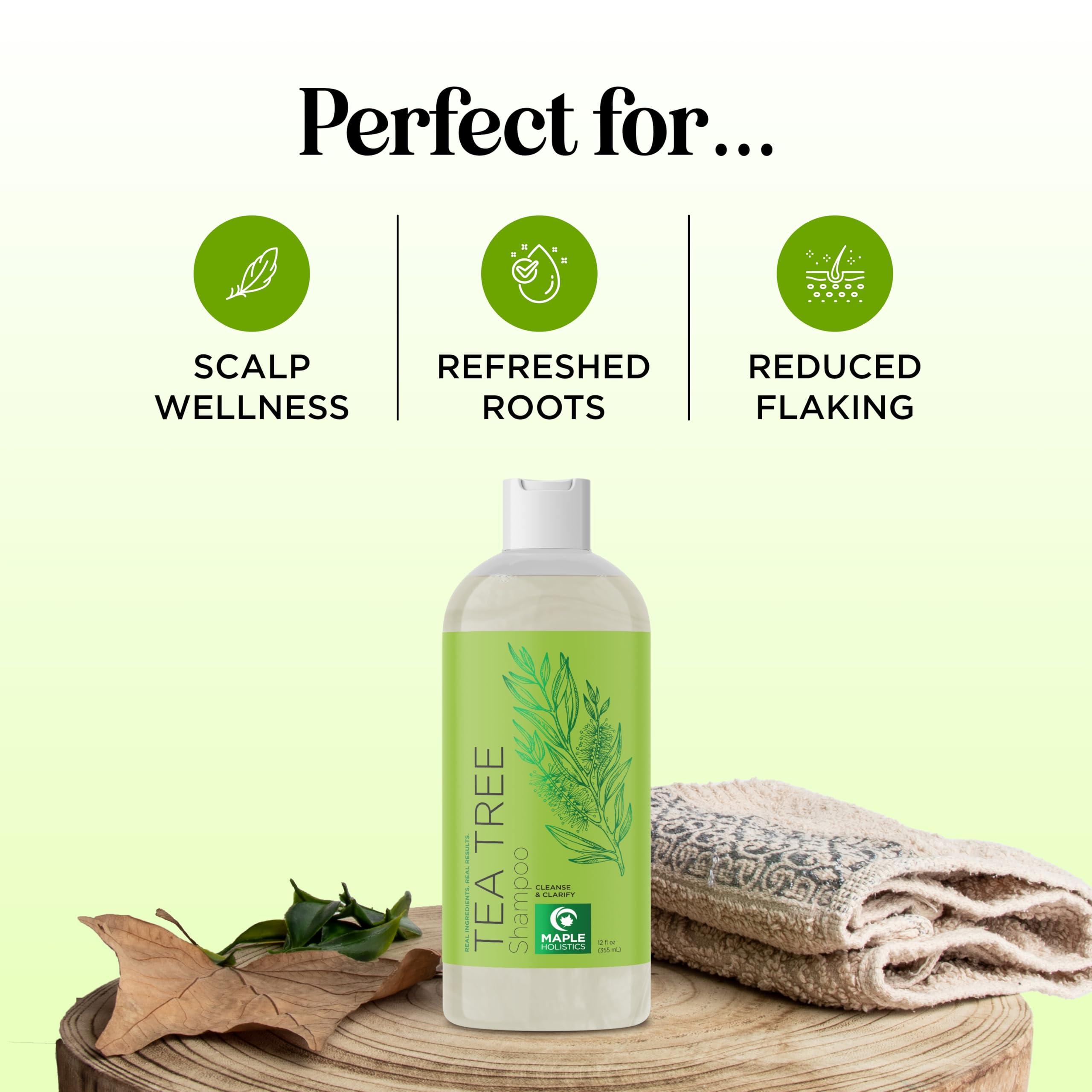 Maple Holistics tea-tree clarifying shampoo close-up emphasizing refreshing cleanse for oily hair