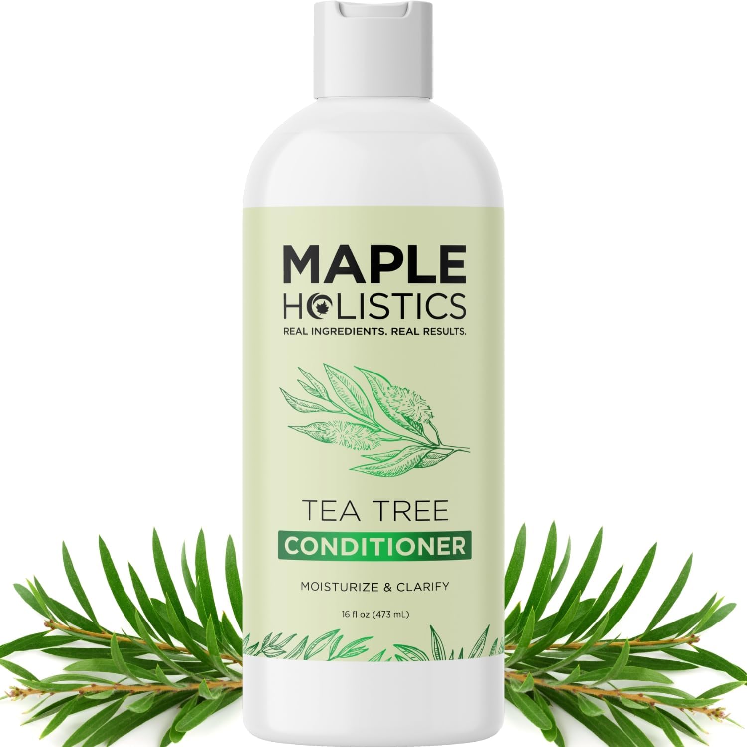 Maple Holistics Tea Tree Conditioner bottle pouring for lightweight hydration.