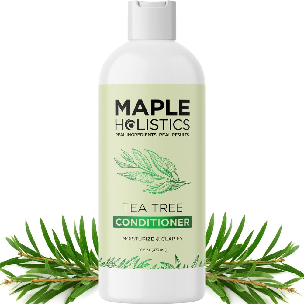 Maple Holistics Tea Tree Conditioner bottle pouring for lightweight hydration.