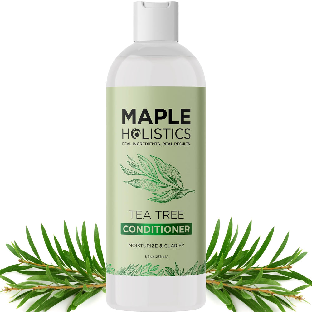 Maple Holistics Tea Tree Conditioner bottle highlighting hydrating formula for dry hair care