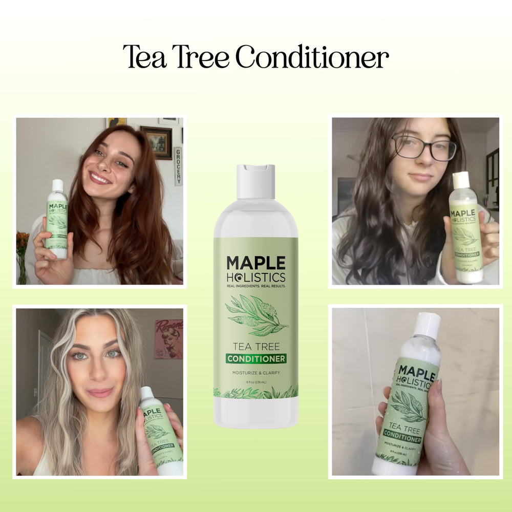 Maple Holistics Tea Tree Conditioner label closeup emphasizing sulfate-free cleansing
