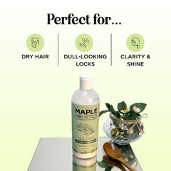 Maple Holistics Tea Tree Conditioner label close-up highlights sulfate-free formula.