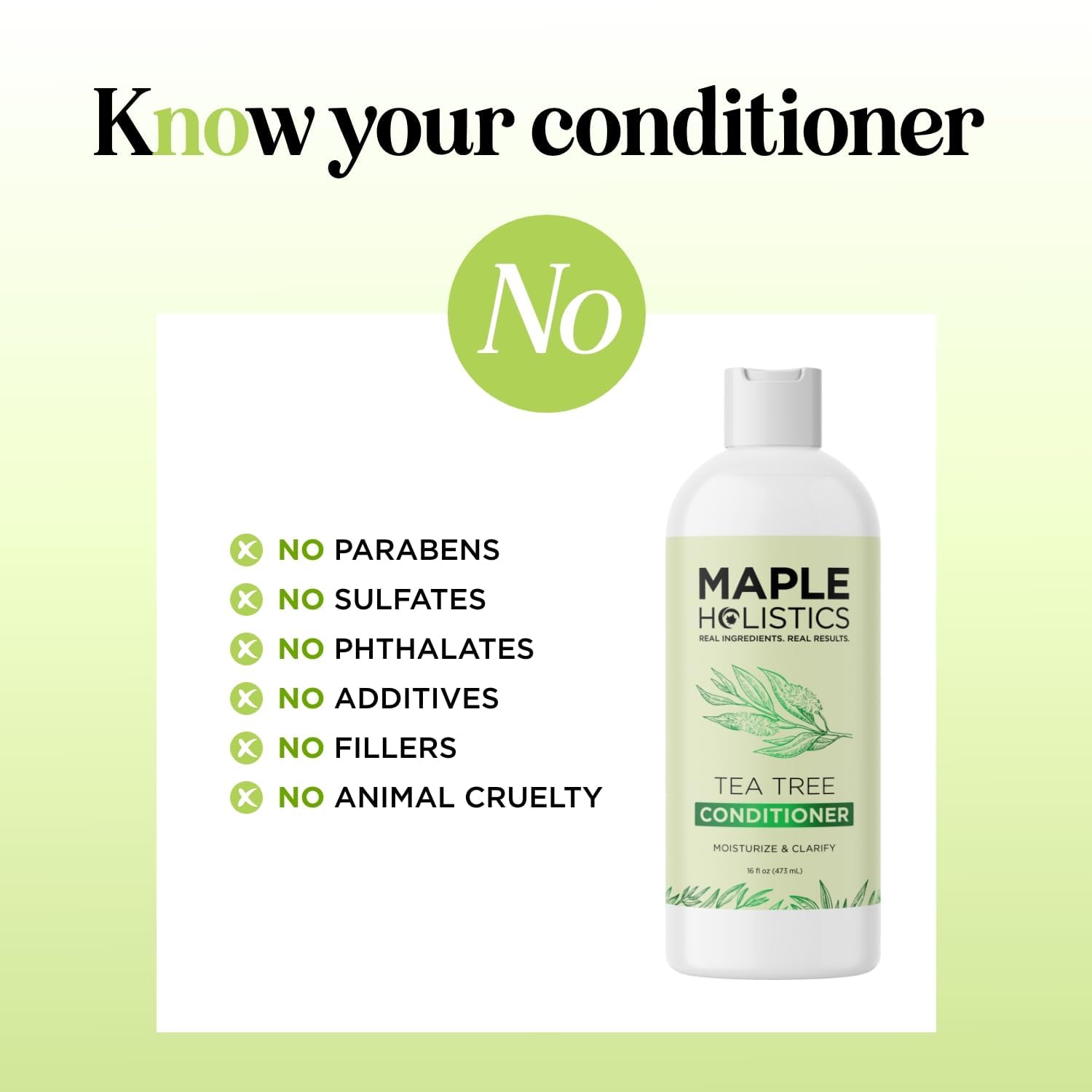 Maple Holistics Tea Tree Conditioner packaging emphasizing clean, nourishing ingredients.