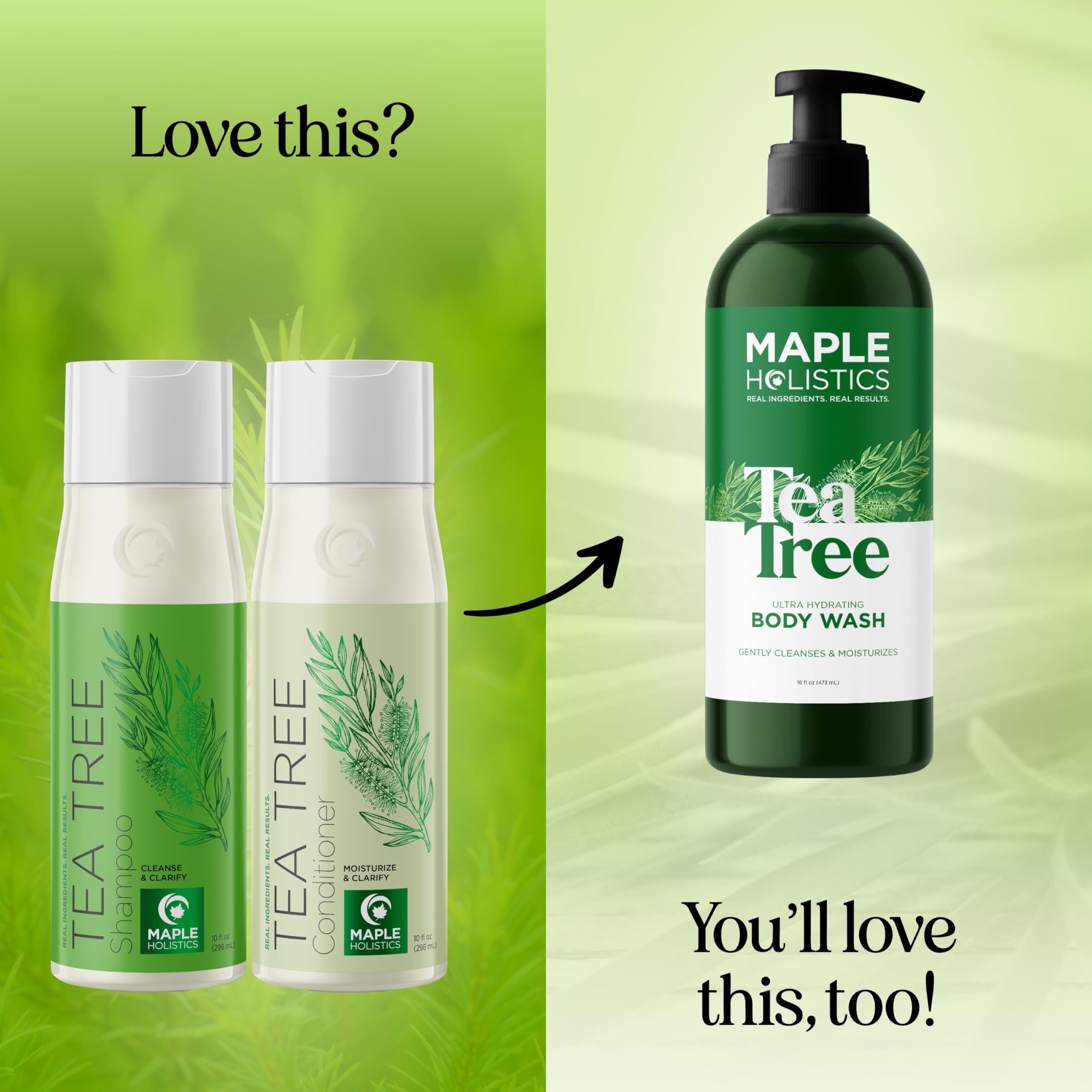 Maple Holistics Tea Tree set on display signaling complete scalp care routine.