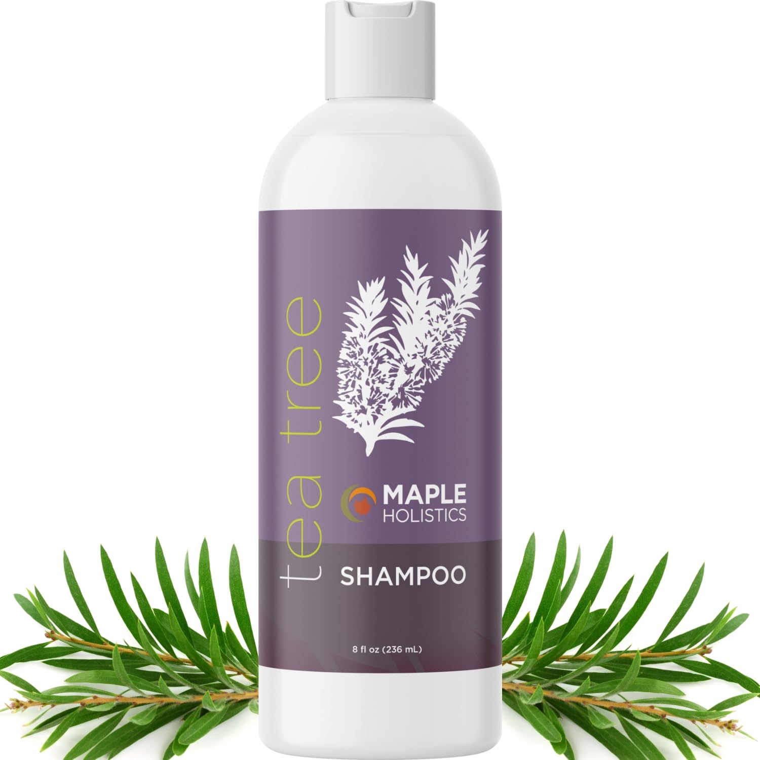 Maple Holistics Tea Tree Shampoo bottle pouring for oil control and clarifying cleanse