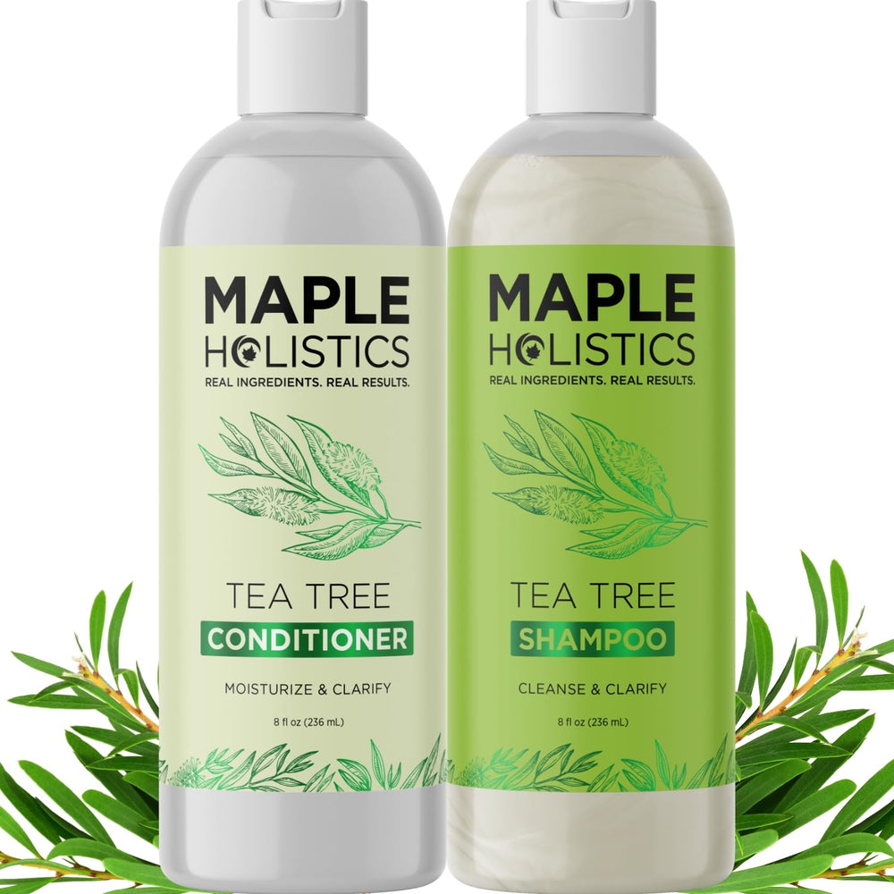Maple Holistics Tea Tree Shampoo bottle pour for a refreshing scalp cleanse