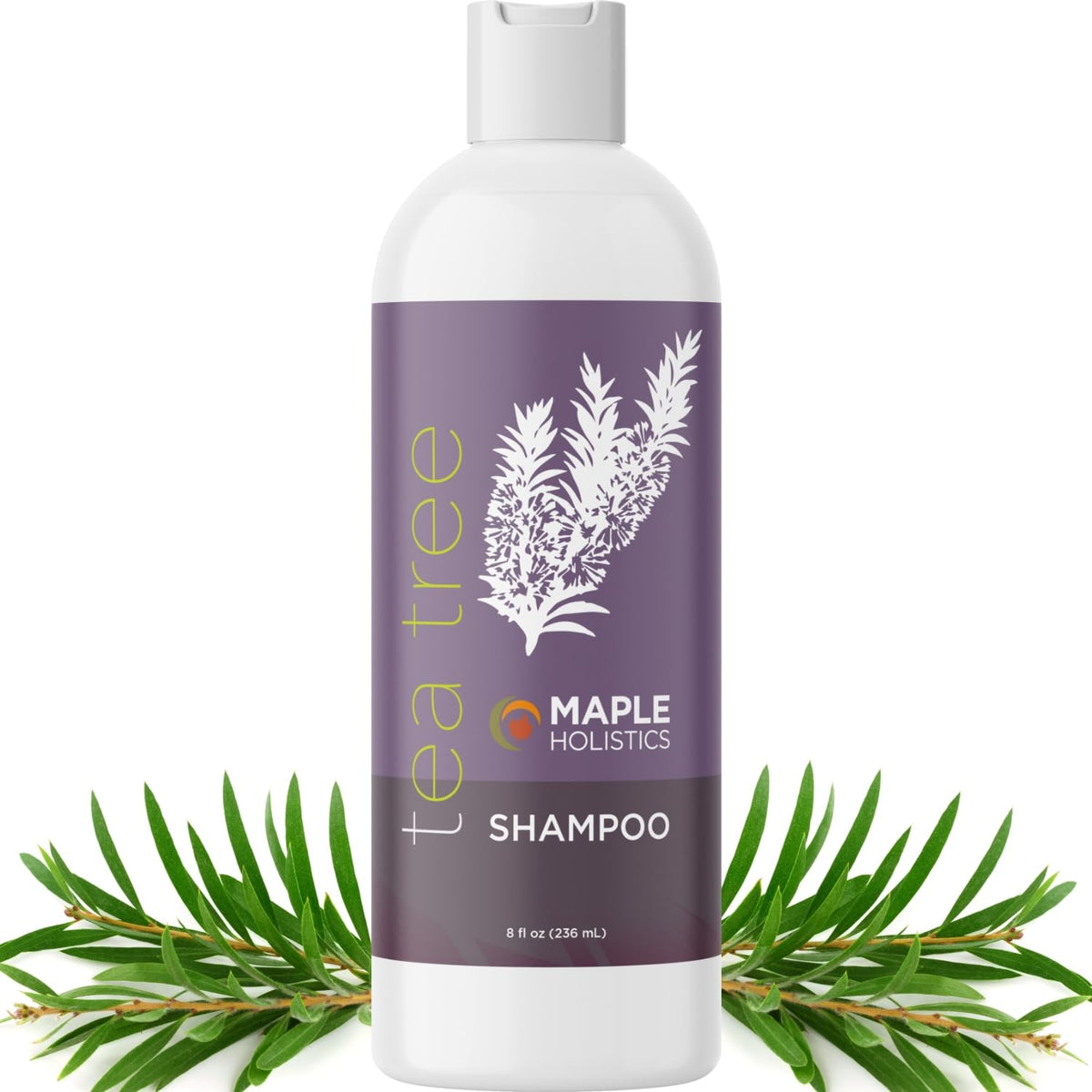 Maple Holistics Tea Tree Shampoo bottle pouring for oil control and clarifying cleanse