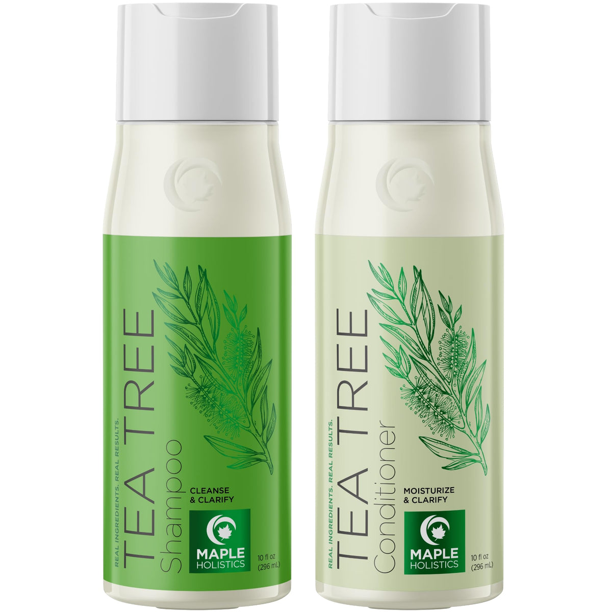 Maple Holistics Tea Tree Shampoo bottle showing sulfate-free cleanse for oily scalp.