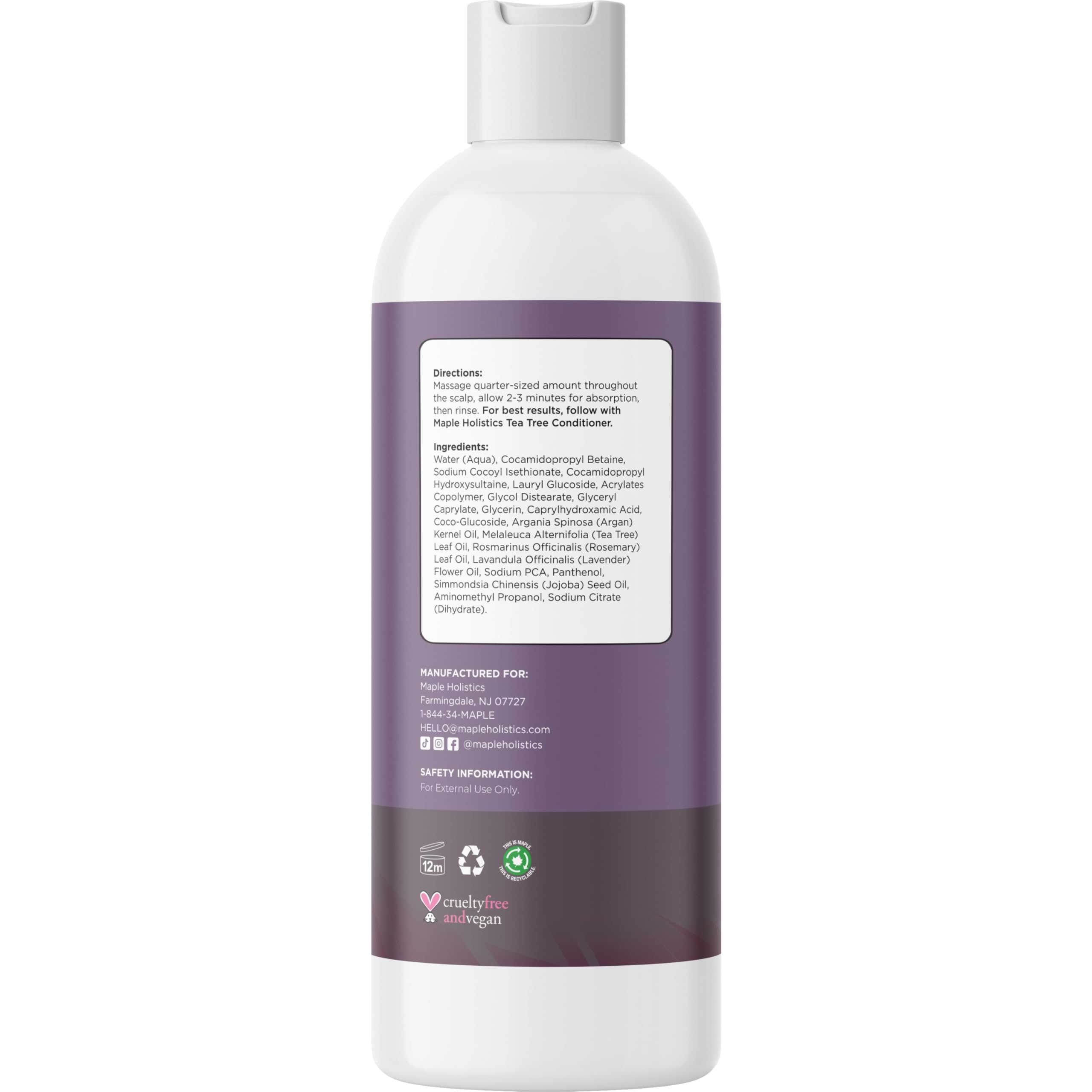 Maple Holistics Tea Tree Shampoo ingredients featuring rosemary, tea tree, lavender oils