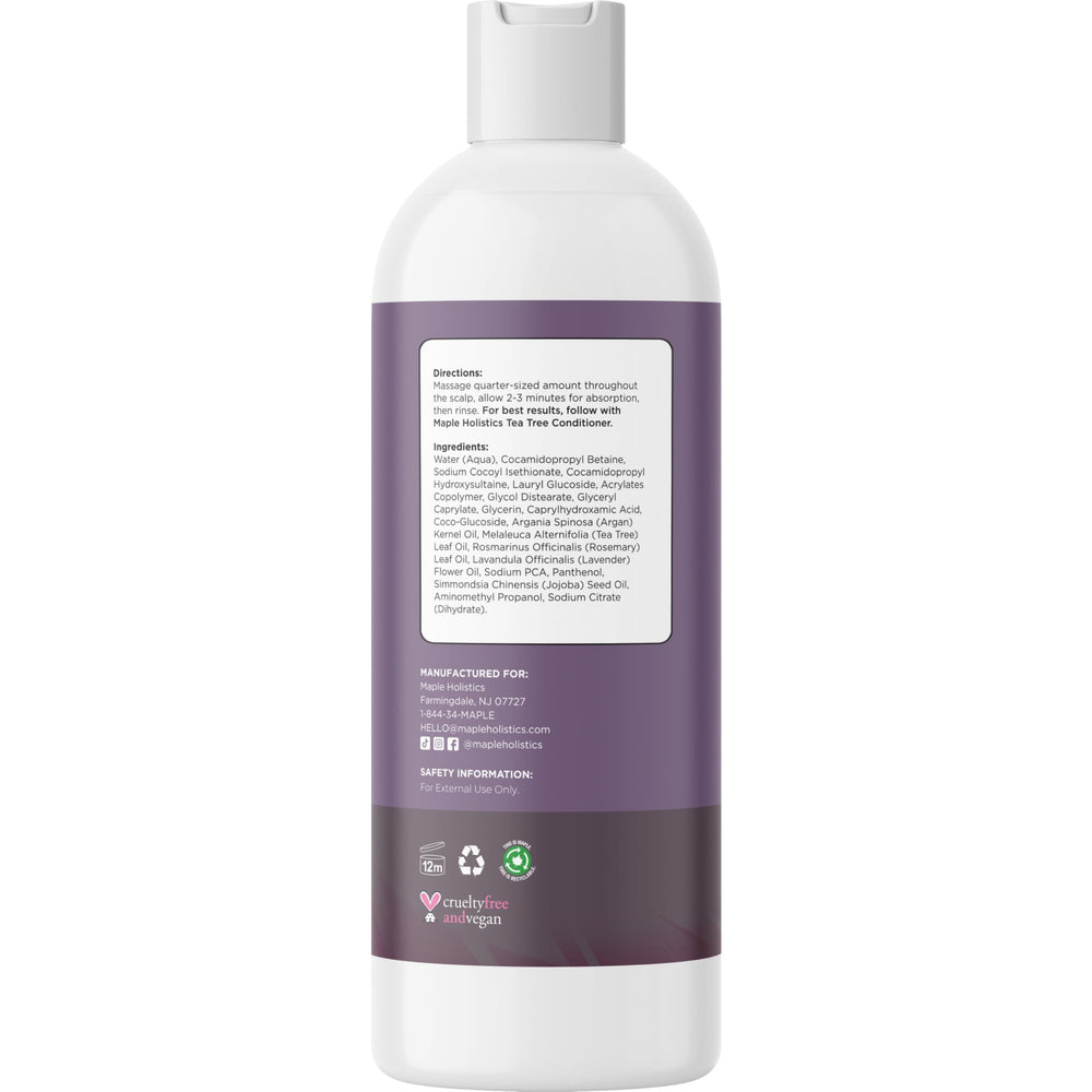 Maple Holistics Tea Tree Shampoo ingredients featuring rosemary, tea tree, lavender oils