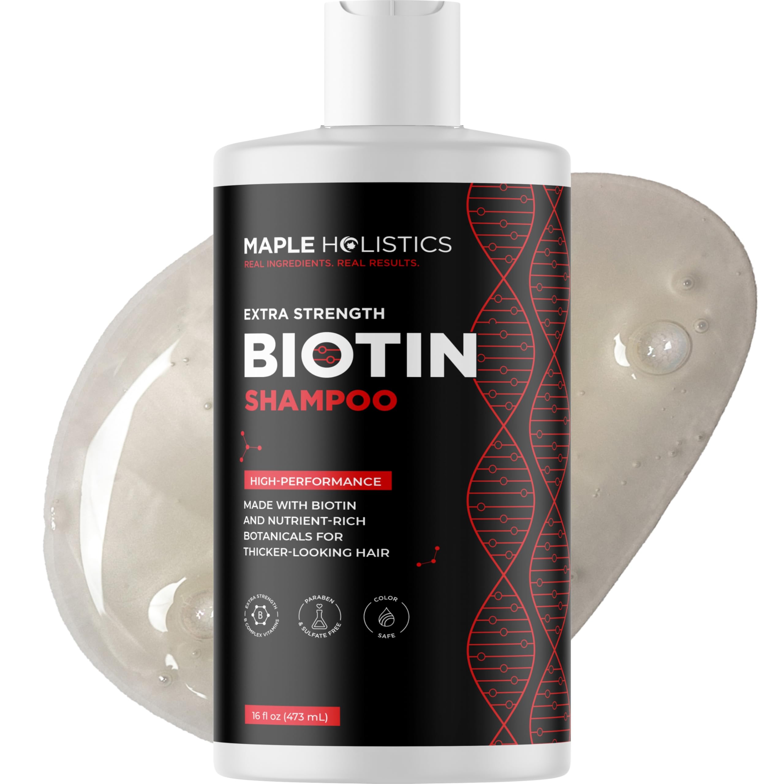 Maple Holistics Ultra Biotin Shampoo bottle shows volumizing formula for thinning hair