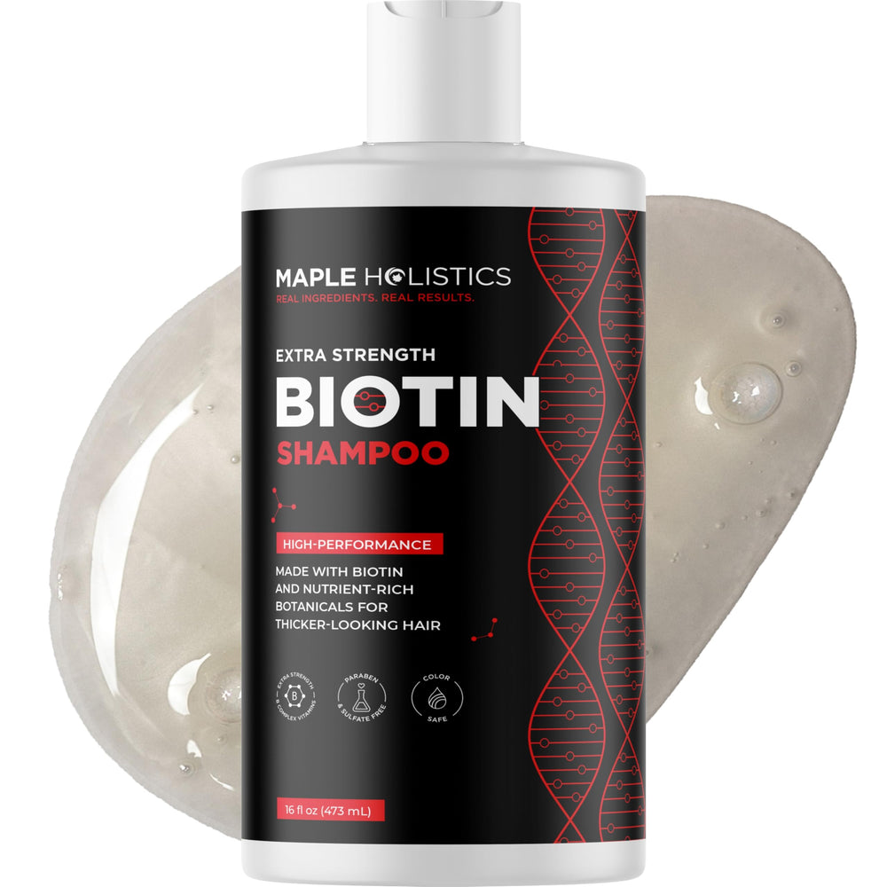 Maple Holistics Ultra Biotin Shampoo bottle shows volumizing formula for thinning hair