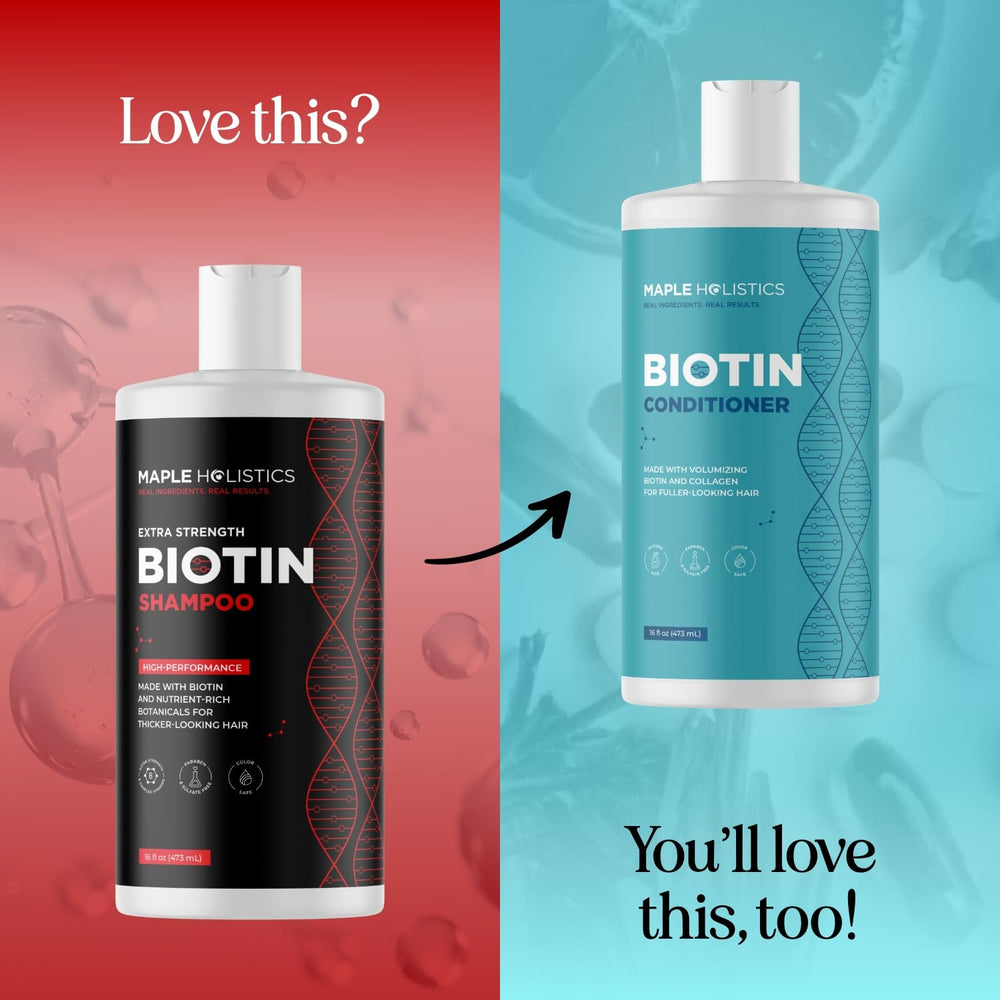 Maple Holistics Ultra Biotin Shampoo display emphasizes volumizing effect