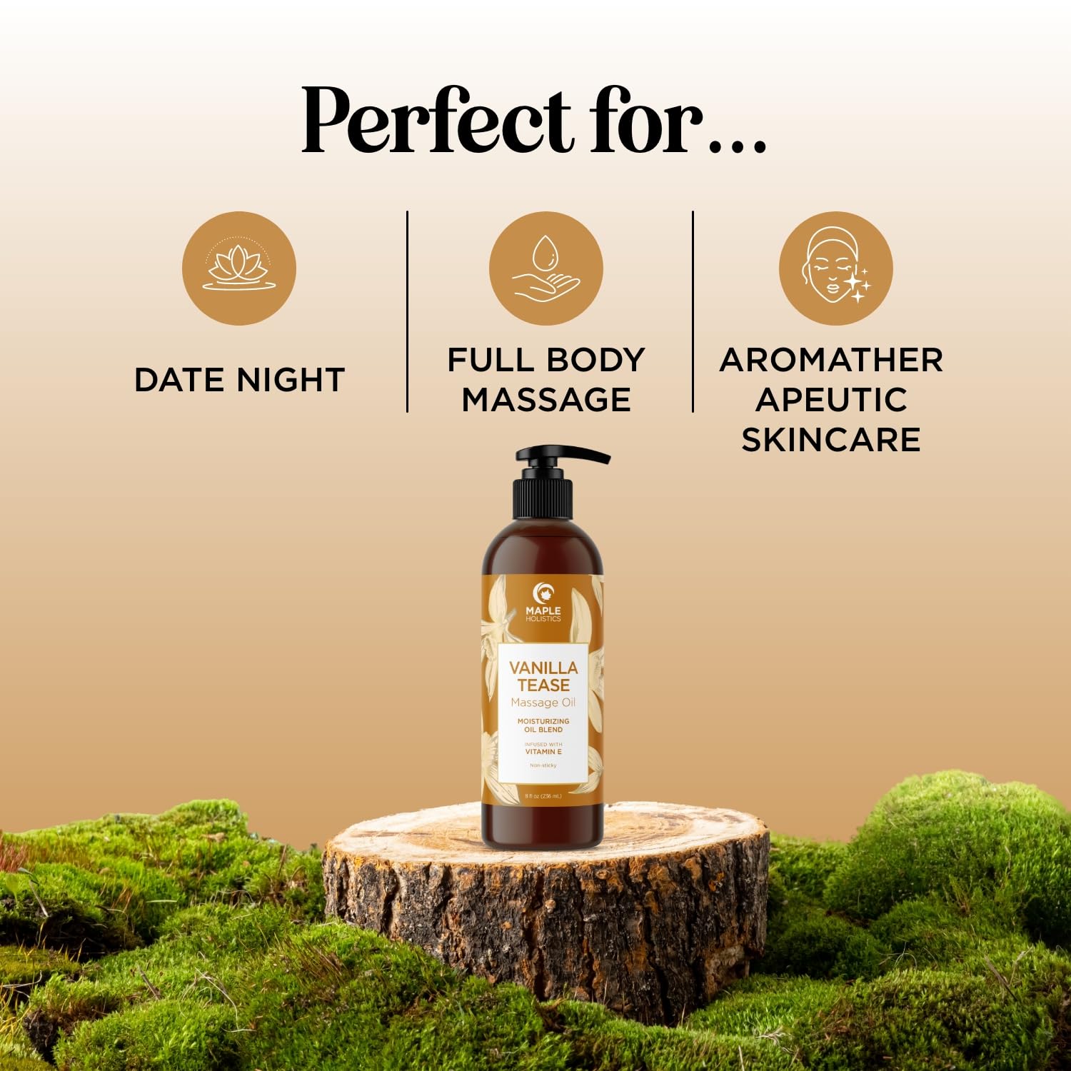 Maple Holistics massage oil pour captures warm vanilla fragrance for date night