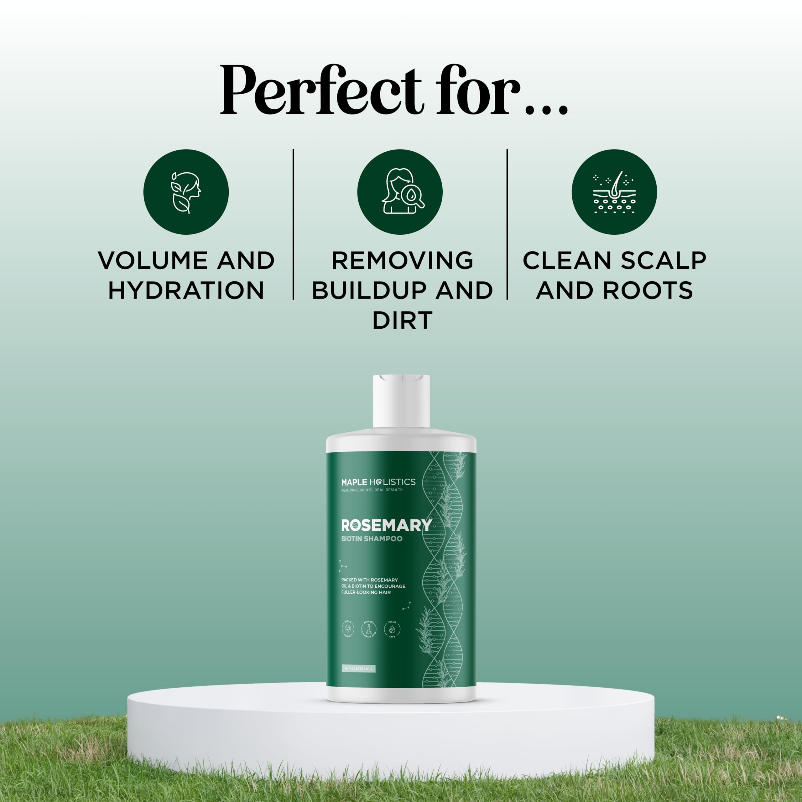 Maple Holistics vegan tea-tree-oil shampoo bottle emphasizes clean, sulfate-free care.