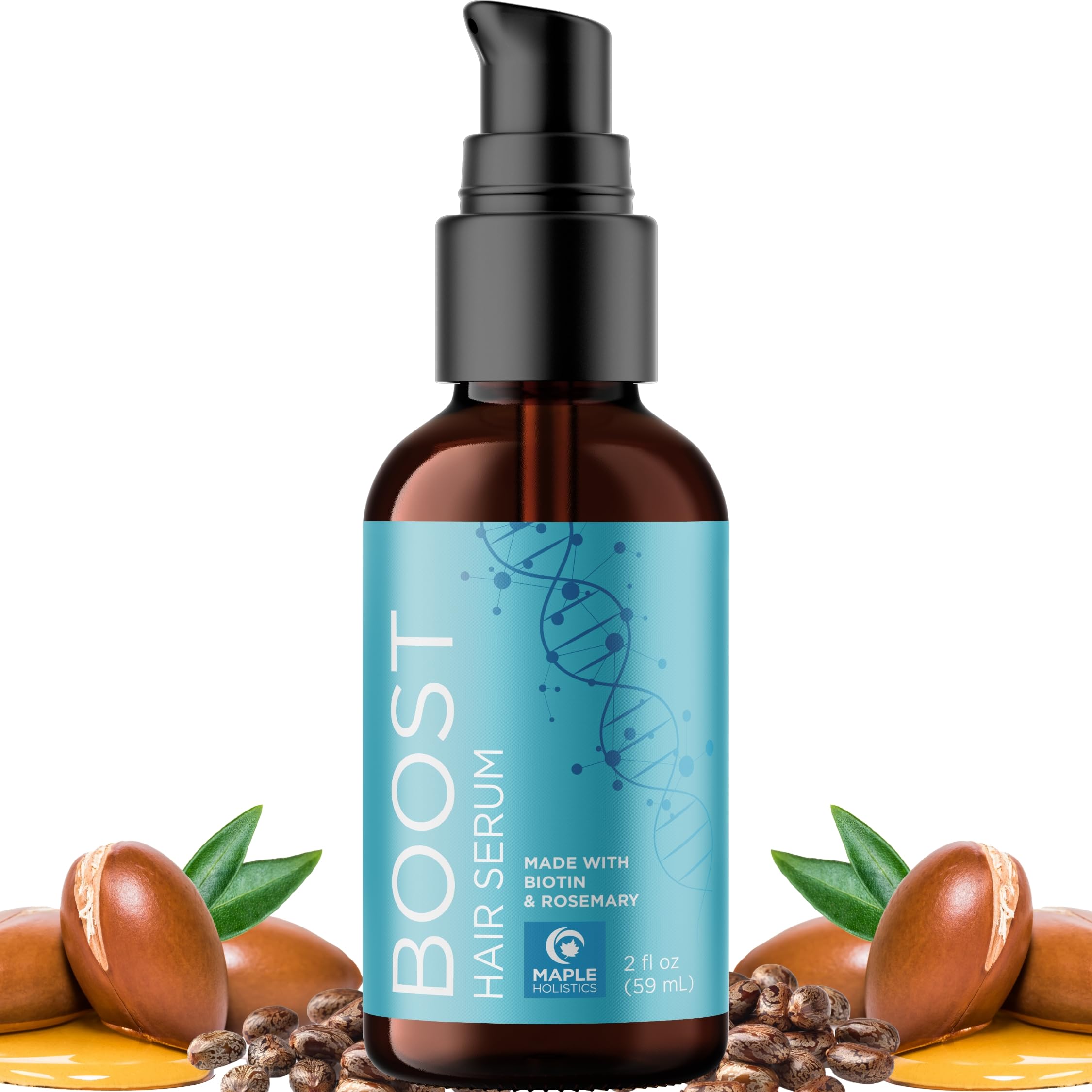 Maple Holistics volumizing biotin hair serum bottle shows volume-boosting shine and hydration